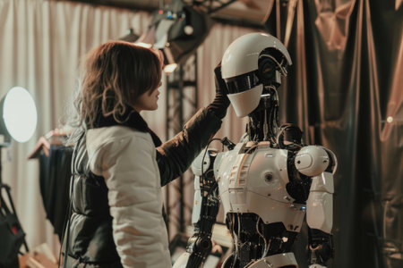 A woman is touching a robot. The robot is white and has a black faceの素材