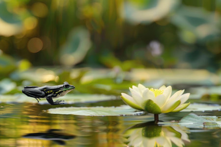 A frog is standing on a lily pad in a pond. The pond is surrounded by green plants and the frog is the only living creature visible. The scene is peaceful and sereneの素材
