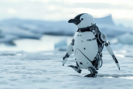 A robot penguin is walking on the snow. The robot is white and blackの素材