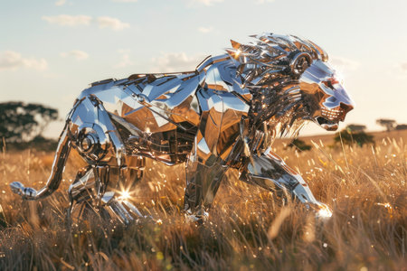 A silver lion statue is walking through a field of tall grass. The statue is made of metal and has a shiny, reflective surface. The scene is peaceful and sereneの素材