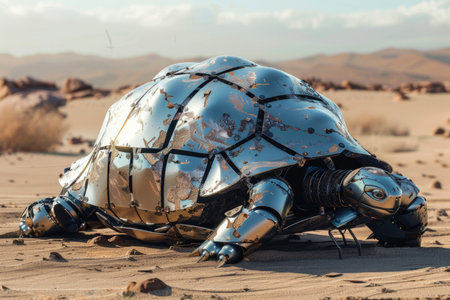 A large, broken turtle is laying on the ground in a desert. The turtle is made of metal and he is in a state of disrepair. Concept of loneliness and abandonmentの素材