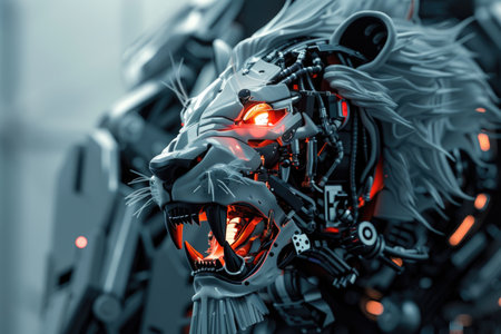 A lion with glowing red eyes and a metallic mane. The lion is surrounded by a futuristic, industrial settingの素材