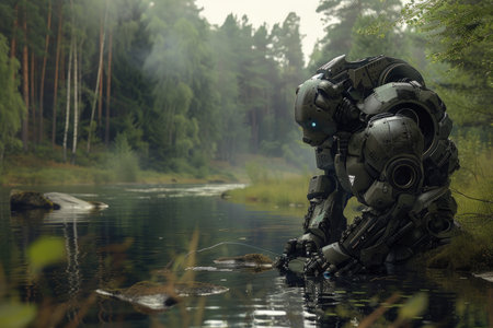 A robot is sitting in the water, looking at a fish. The scene is peaceful and serene, with the robot appearing to be in a contemplative moodの素材