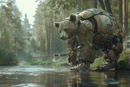 A robot bear is fishing in a river. The bear is wearing a suit and has a fishing rod in its mouth. The scene is set in a forest with trees in the background. Scene is playful and whimsicalの素材