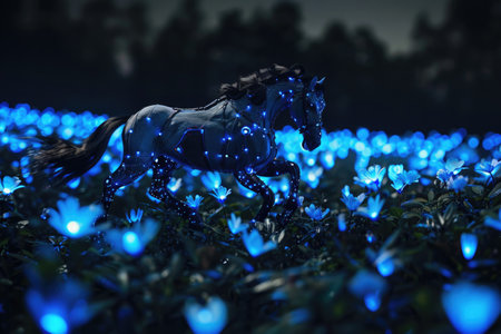 A horse is running through a field of blue flowers. The flowers are lit up with blue lights, creating a magical and dreamy atmosphereの素材