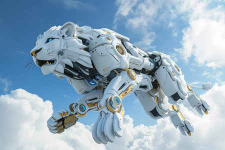 A robot lion is flying through the sky. The robot is white and has a blue eyeの素材