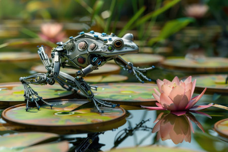 A frog with metal legs is standing on a pond next to a pink flower. The frog is an interesting and unusual sight, and the pink flower adds a touch of beauty to the sceneの素材