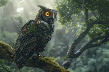 A large owl with glowing eyes is perched on a tree branch. The owl is surrounded by a forest with green leaves and moss. The scene has a mysterious and eerie moodの素材