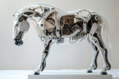A mechanical horse is on display, with its legs and hooves visible. The horse is made of metal and has a mechanical appearance. The sculpture is on a white surface, and it is a work of artの素材