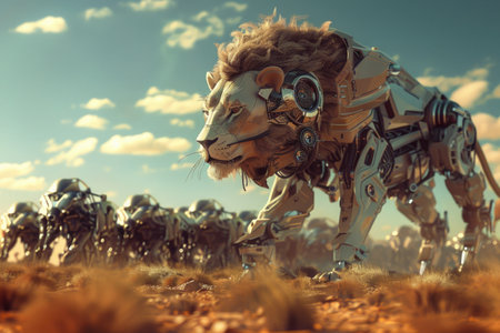 A robot lion is walking through a desert with a group of robots behind it. The scene is futuristic and industrial, with the lion standing out as the main focusの素材