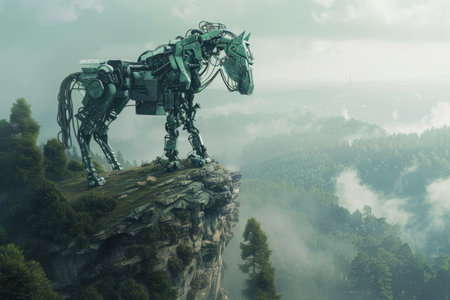 A robot horse is standing on a rocky hillside in a forest. The robot horse is made of metal and has a futuristic appearance. The scene is set in a mistyの素材
