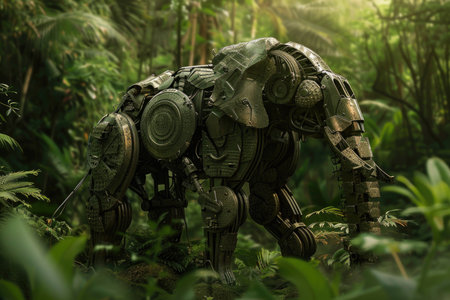 A robot elephant is walking through a jungle. The robot is made of metal and has a metallic appearance. The jungle is lush and green, with many trees and plantsの素材