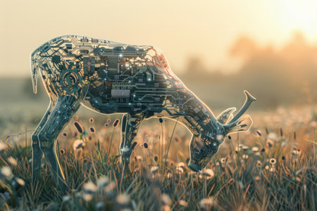 A deer is shown in a field of flowers, but it is not a real deer. Instead, it is a mechanical deer made of metal and wires. The image has a futuristic and mechanical feel to itの素材