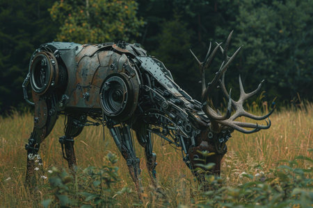 A metal deer is standing in a field of grass. The deer is made of metal and has a robotic appearance. The image has a futuristic and industrial feel to itの素材