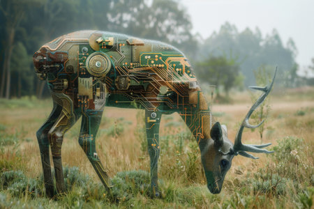 A deer made of electronic parts is standing in a field. The image has a futuristic and mechanical feel to it, with the deer's body made of wires and circuits. Concept of curiosity and wonderの素材