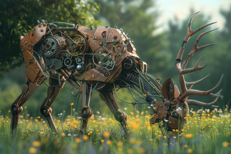 A robot deer is walking through a field of yellow flowers. The robot deer has a mechanical appearance and is surrounded by the natural beauty of the flowersの素材
