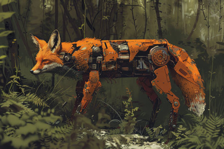 A robot fox is walking through a forest. The robot fox is made of metal and has a mechanical appearance. The image has a futuristic and industrial feel to itの素材