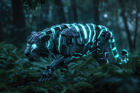 A tiger with glowing blue stripes is walking through a forest. The image has a futuristic and otherworldly feel to it, with the tiger's metallic appearance and the green foliage of the forestの素材