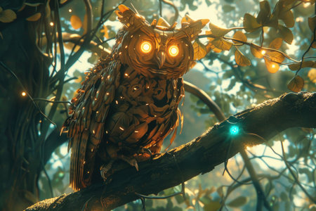 A large owl is perched on a tree branch, with its eyes glowing brightly. The scene is set in a forest, with the owl being the main focus of the image. The owl's glowing eyes create a sense of mysteryの素材