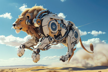 A robot lion is flying through the sky. The robot lion is made of metal and has a mechanical appearance. The sky is clear and blue, and there are some clouds in the backgroundの素材