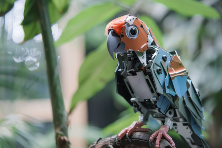 A robot bird is perched on a tree branch. The bird is made of metal and has a robotic appearance. The scene is set in a lush green forest, with the bird blending in with its surroundingsの素材