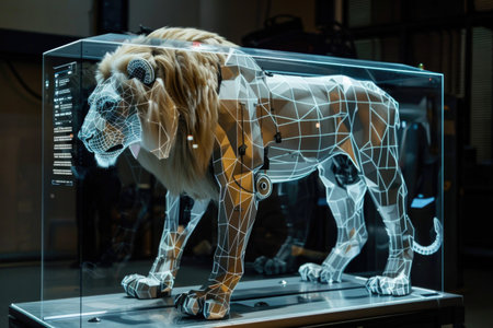 A lion is displayed in a glass case. The lion is made of metal and has a robotic appearance. The case is clear and allows the viewer to see the lion's intricate detailsの素材