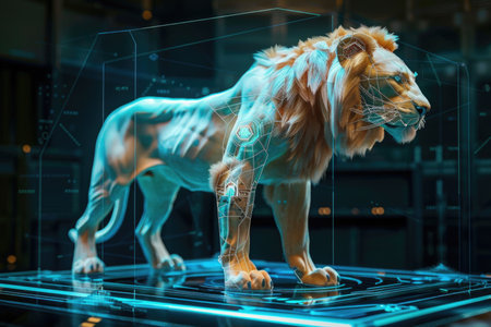 A lion is shown in a digital image with a blue background. The lion appears to be a CGI creation, with its body and mane appearing to be made of plastic. The image has a futuristicの素材