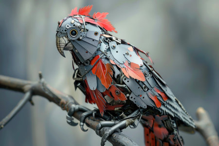 A bird with a metal body and red feathers is perched on a branch. The bird's appearance is unusual and striking, with its metallic feathers and red head. Concept of creativity and artistryの素材