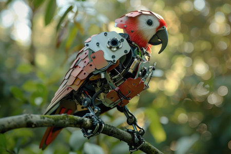A robotic bird with a metal body and a red and white head. The bird is perched on a branch in a forestの素材