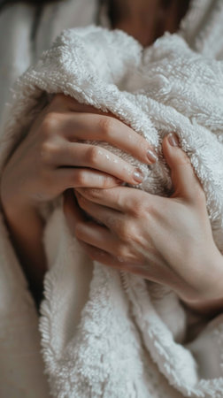 A woman is holding a white towel in her hands. The towel is soft and fluffy, and it looks like it has been freshly washed. The woman's hands are warm and cozyの素材