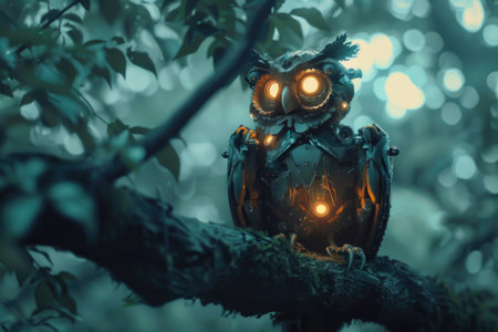 A robot owl is perched on a tree branch. The owl is lit up with a light, giving it a creepy, futuristic appearance. Concept of mystery and intrigue, as the owl seems to be a strangeの素材