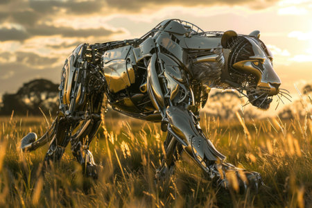 A silver robot cat is walking through a field of tall grass. The robot cat is made of metal and has a robotic appearance. The scene is set in a field with a beautiful sunset in the backgroundの素材