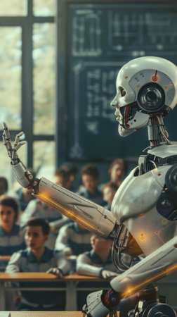 A teacher with a robotic arm and eye teaching a class of bio-robot students --ar 9:16 Job ID: eb66a25a-9962-4cdb-8d08-5985e4750416の素材