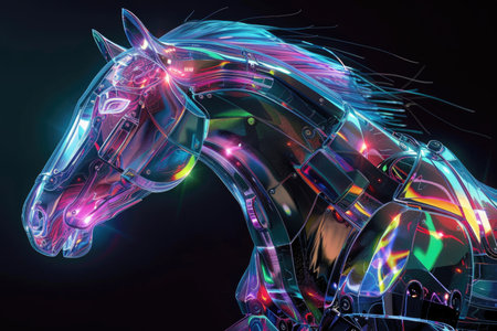 A horse made of metal and neon lights. The horse is very colorful and has a futuristic look to itの素材
