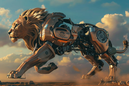A robot lion is running through a desert. The robot lion is made of metal and has a robotic armの素材