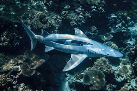 A shark is swimming in the ocean with a lot of coral around it. The shark is silver and has a long tailの素材