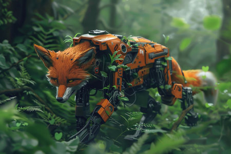 A robot fox is walking through a forest. The robot fox is orange and has a metallic look. The forest is lush and green, with many leaves and plantsの素材