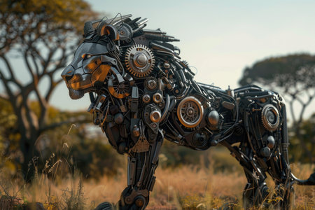 A robot lion is standing in a field of grass. The robot lion is made of metal and has many gears and other mechanical parts. The robot lion is a uniqueの素材