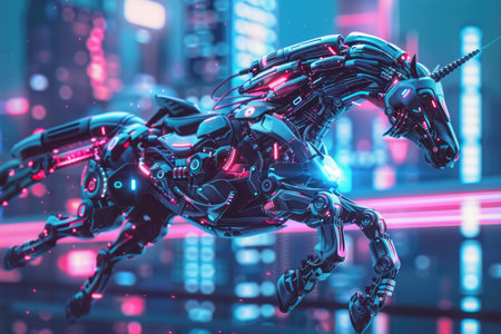 A robot horse is flying through a city with neon lights. The horse is made of metal and has glowing lights on its body. The scene is futuristic and gives off a sense of wonder and excitementの素材