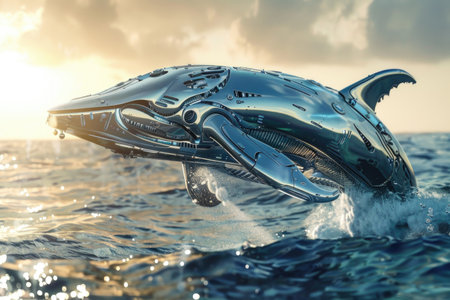 A silver whale is leaping out of the water. The image has a futuristic and metallic feel to itの素材