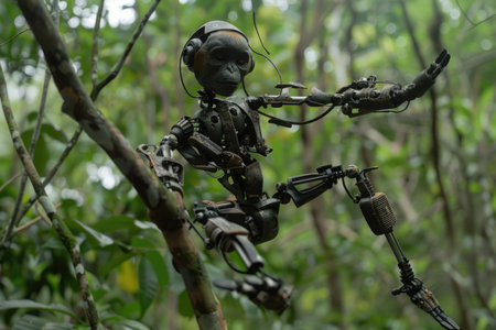 A robot monkey is perched on a tree branch. The robot monkey is made of metal and has a human-like appearance. The robot monkey is wearing headphones and he is listening to musicの素材