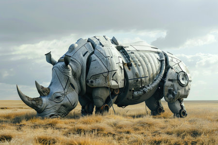 A robot rhino is standing in a field of dry grass. The robot rhino is made of metal and has a robotic appearance. The robot rhino is in a desolate, barren landscapeの素材