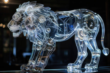A lion made of clear plastic with a mechanical look to it. The sculpture is on display in a room with a dark backgroundの素材
