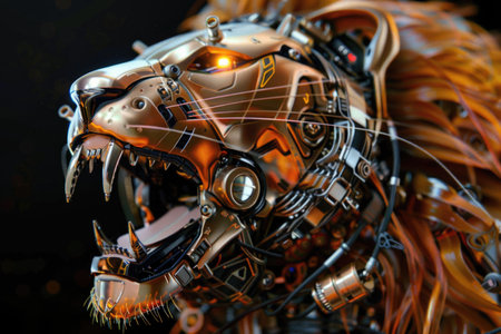 A lion with a metallic face and a mouth full of teeth. The lion is a robot and has a metallic appearanceの素材