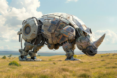 A robot rhino is standing in a field. The robot is made of metal and has a large horn on its head. The robot is surrounded by grass and there are some trees in the backgroundの素材