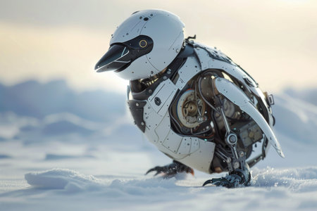 A robot penguin is standing on a snowy surface. The robot is white and has a metallic appearance. The scene is set in a cold, snowy environmentの素材