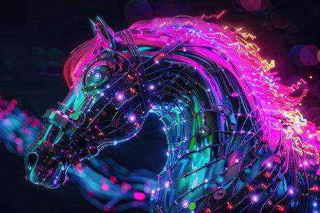 A horse with a glowing head and body. The horse is surrounded by a colorful, glowing background. The image has a futuristic, otherworldly feel to itの素材