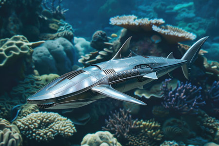 A silver robot shark is swimming in the ocean. The robot shark is made of metal and has a large, sharp fin on its back. The ocean is teeming with life, including colorful coral and various fishの素材