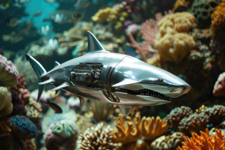 A silver shark with a robotic mouth is swimming in a tank of fish. The shark is surrounded by colorful coral and fish, creating a lively and vibrant sceneの素材