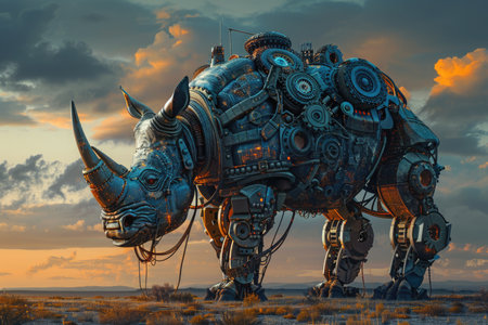 A rhino with a robotic body and a large horn. The rhino is standing in a field with a cloudy sky in the backgroundの素材